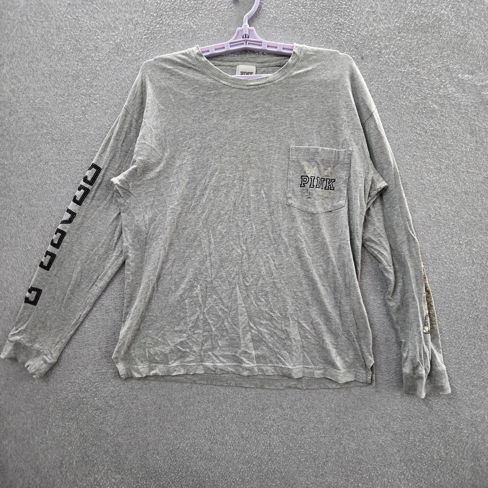 PINK Victoria's Secret Women Shirt M Gray Graphic Sequin Bling